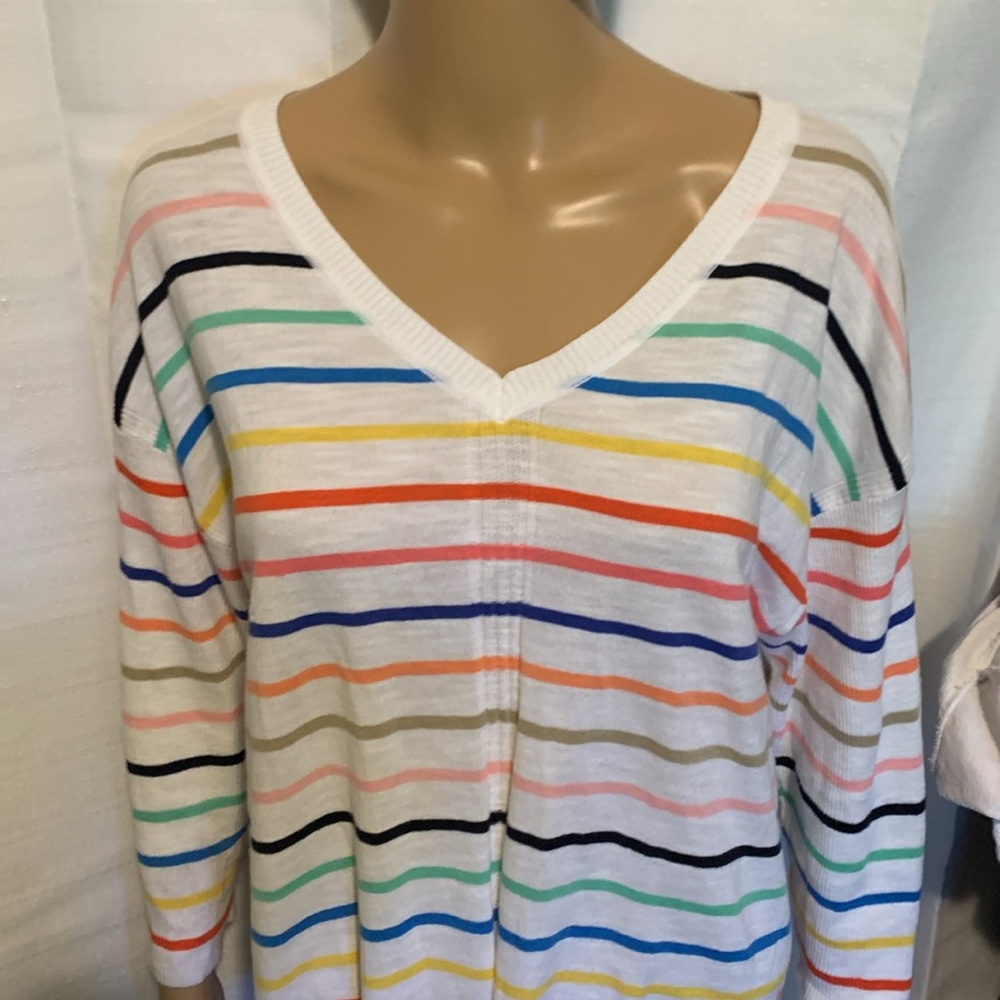 TALBOTS Crisp White Multicolor Stripe Knit Top.100%Soft Natural Cotton!Light-Wt. - Picture 6 of 9